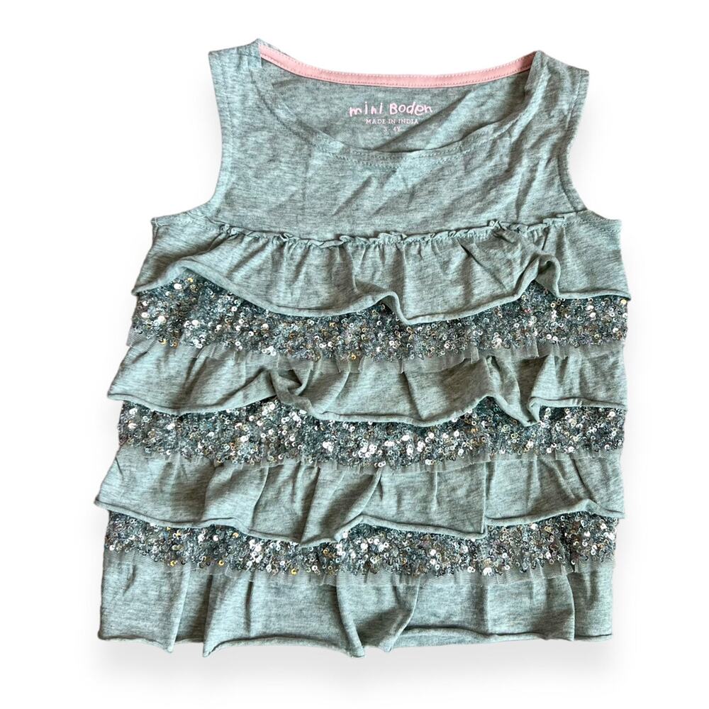 Mini Boden Grey Sequin Ruffle Tank Sleeveless Top Girls 3-4